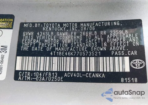 2007 Toyota Camry Le z USA, uszkodzony, nr VIN 4T1BE46K77U573521